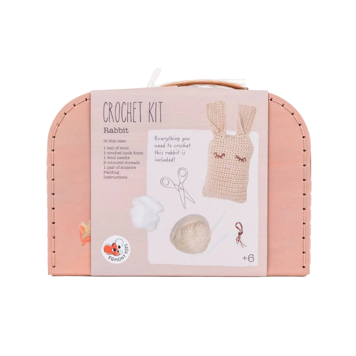 Crochet kit packaging with pink border and rabbit design on a white background