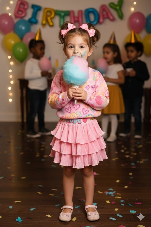 Child in a birthday party setting with cotton candy and balloons