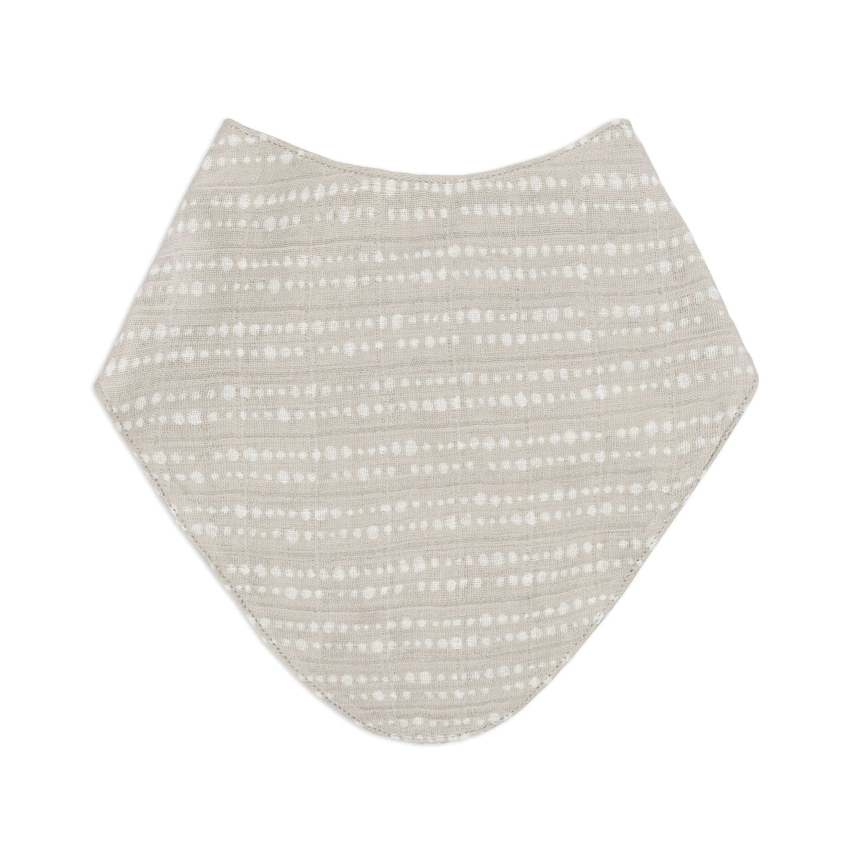 A triangular baby bib in a light beige fabric with a white dotted horizontal stripe pattern, shown flat against a white background.