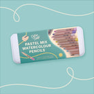 Set of pastel mix watercolor pencils in a tin with 'Cotton Twist' branding on a light blue background.