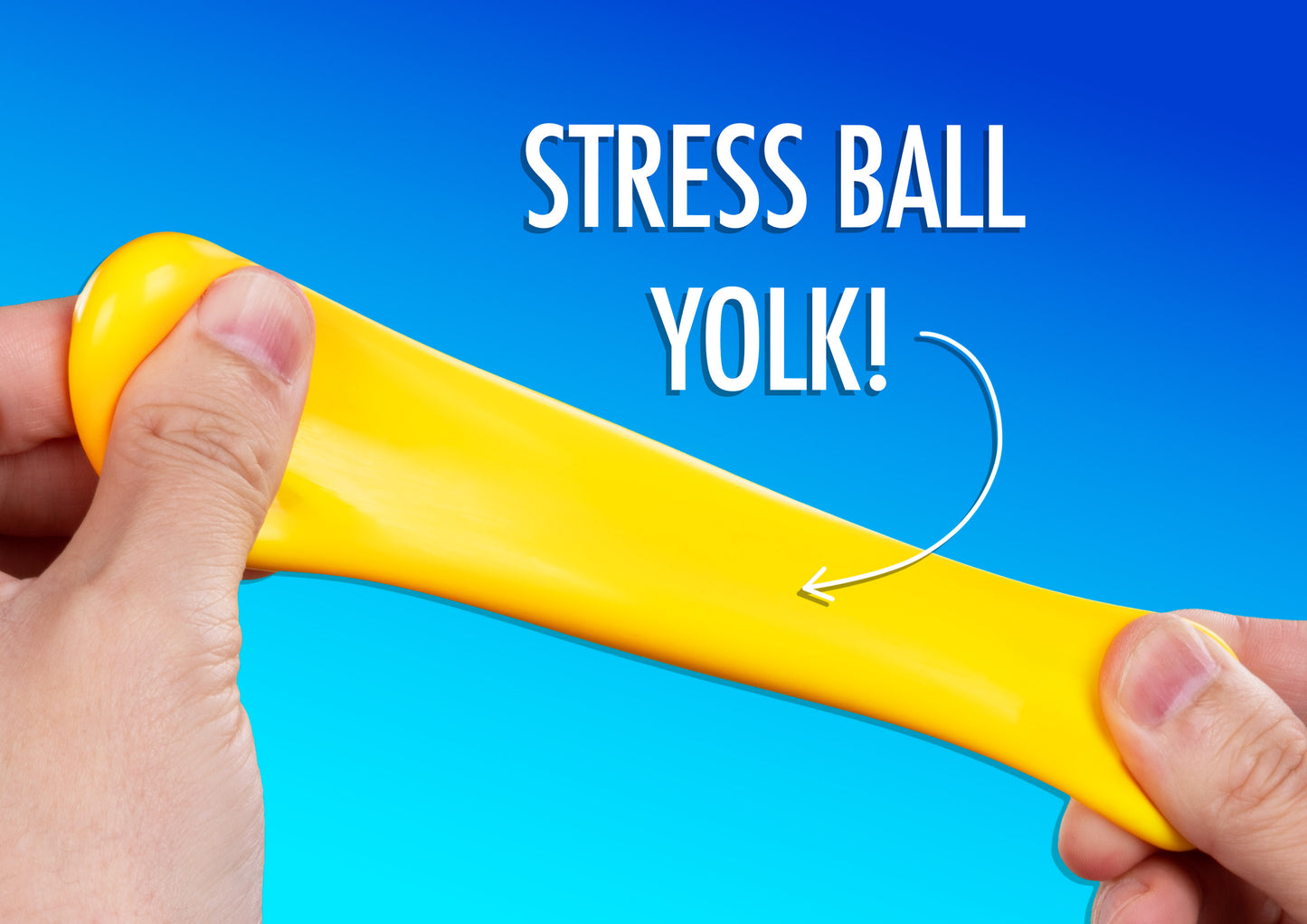 Yellow stress ball being stretched with text 'STRESS BALL YOLK!' on a blue background
