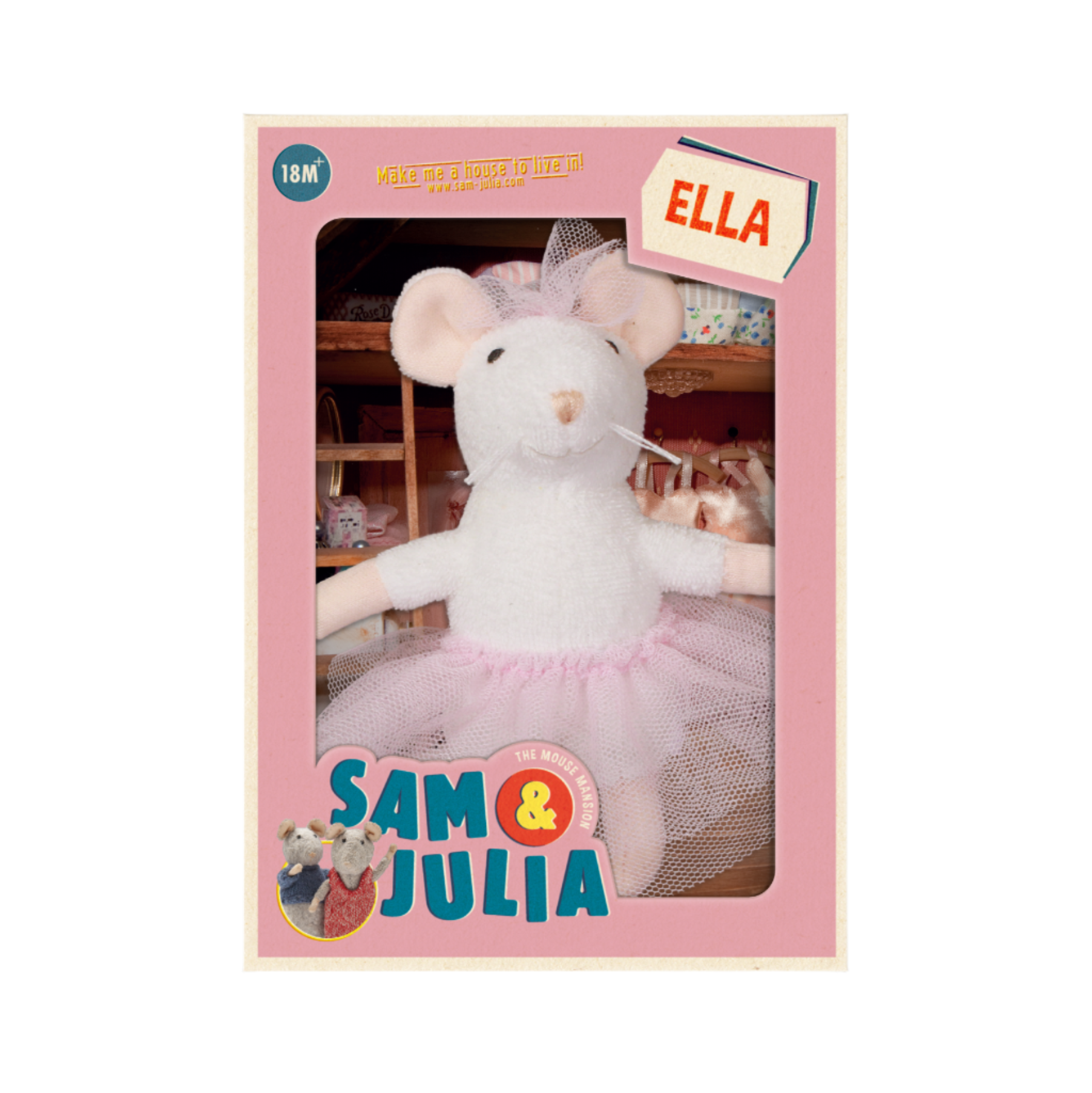 Plush toy mouse in a pink tutu with 'Sam & Julia' branding on a white background