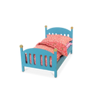 Blue doll bed with pink bedding on a white background