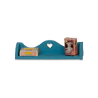 Blue decorative shelf with heart cutout holding two small boxes on a white background