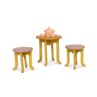 Set of toy furniture including a table and two stools on a white background