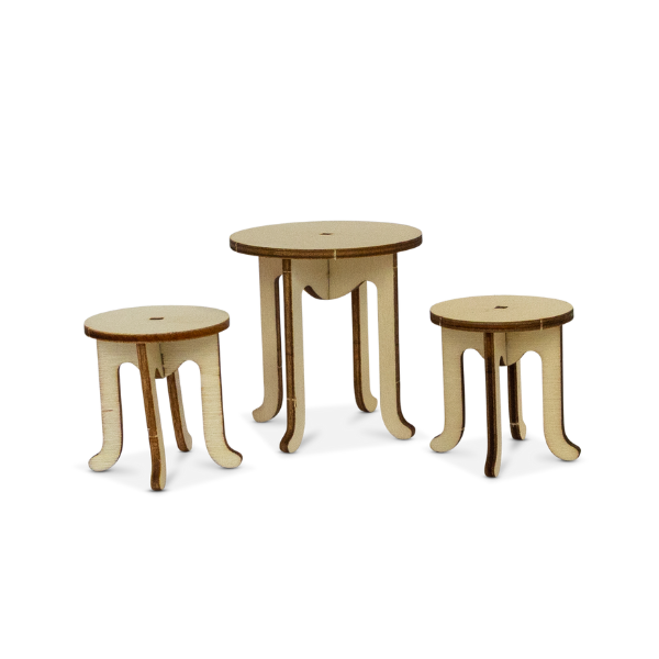 Set of three wooden stools on a white background