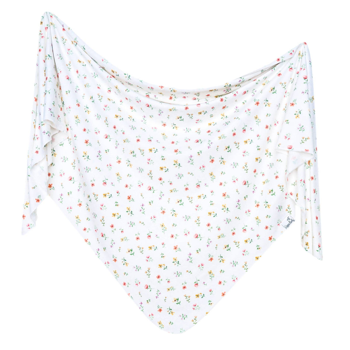 Floral-patterned baby blanket on a white background
