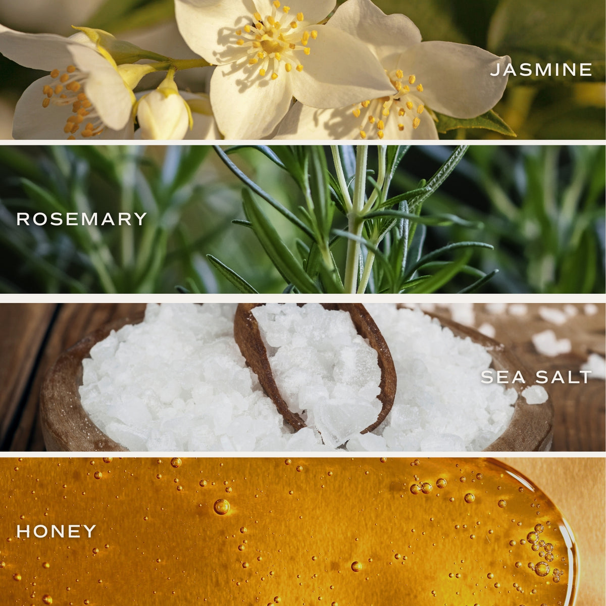 Collage of jasmine flowers, rosemary plant, sea salt, and honey with labels.