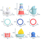 Set of bath toys with measurements on a white background