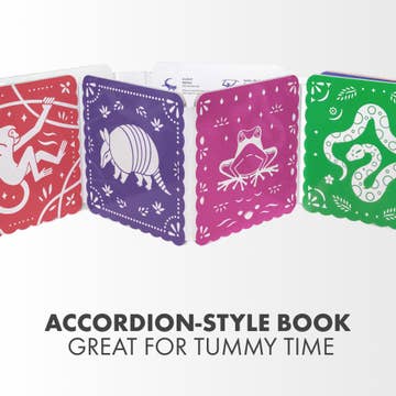 Accordion-style book with colorful covers featuring animal illustrations on a white background.