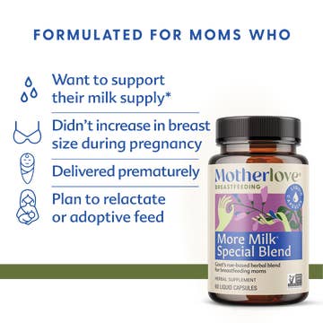 Bottle of Motherlove More Milk Special Blend with text about its use for breastfeeding moms.