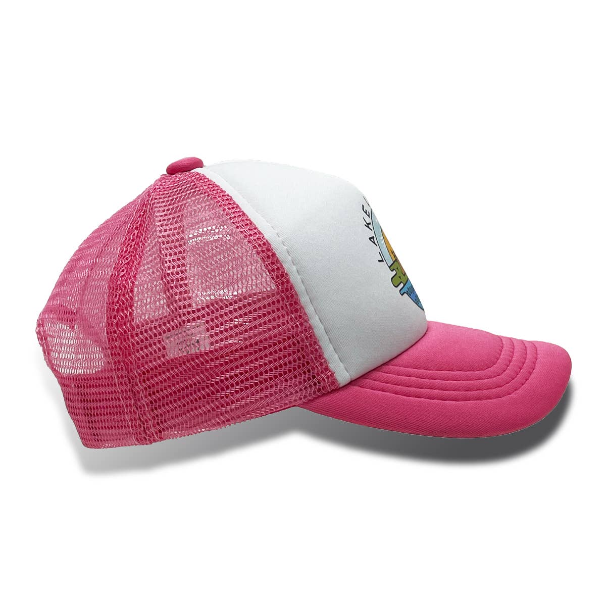 Pink and white mesh cap on a white background