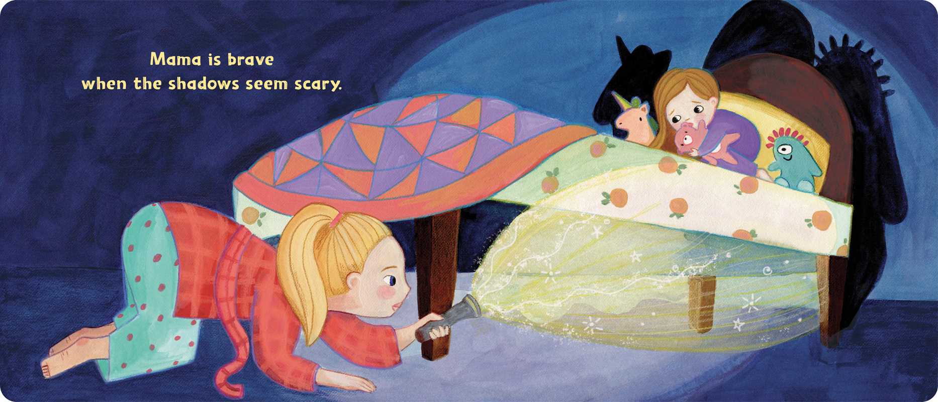 Illustration of a child looking into a mirror with a flashlight, with text about being brave.