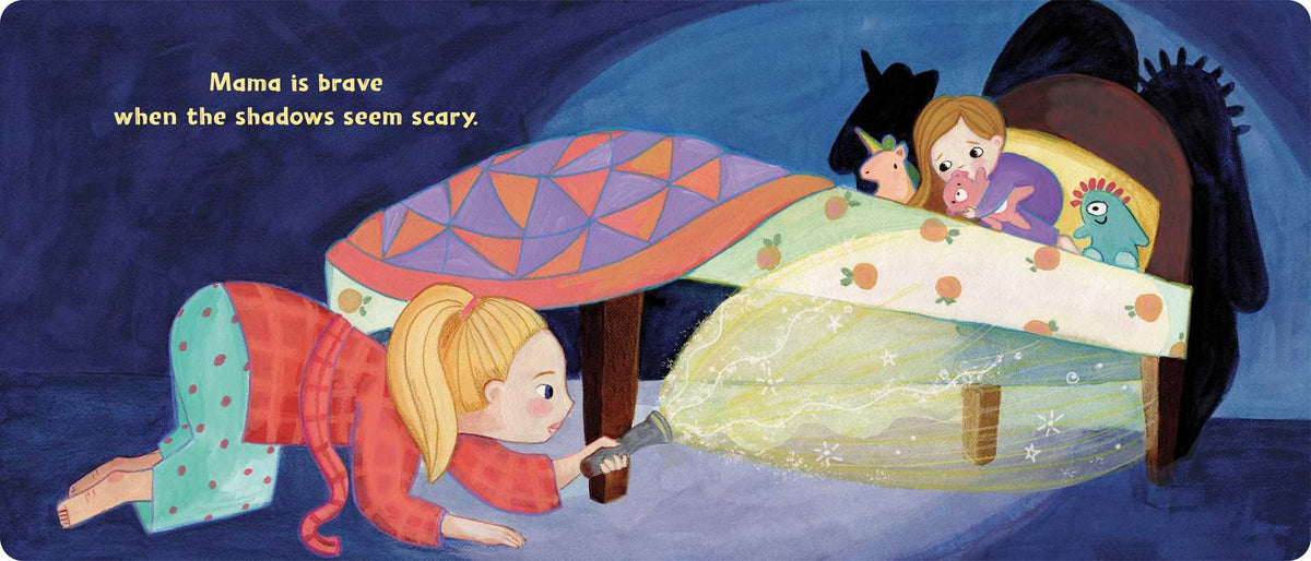 Illustration of a child looking into a mirror with a flashlight, with text about being brave.