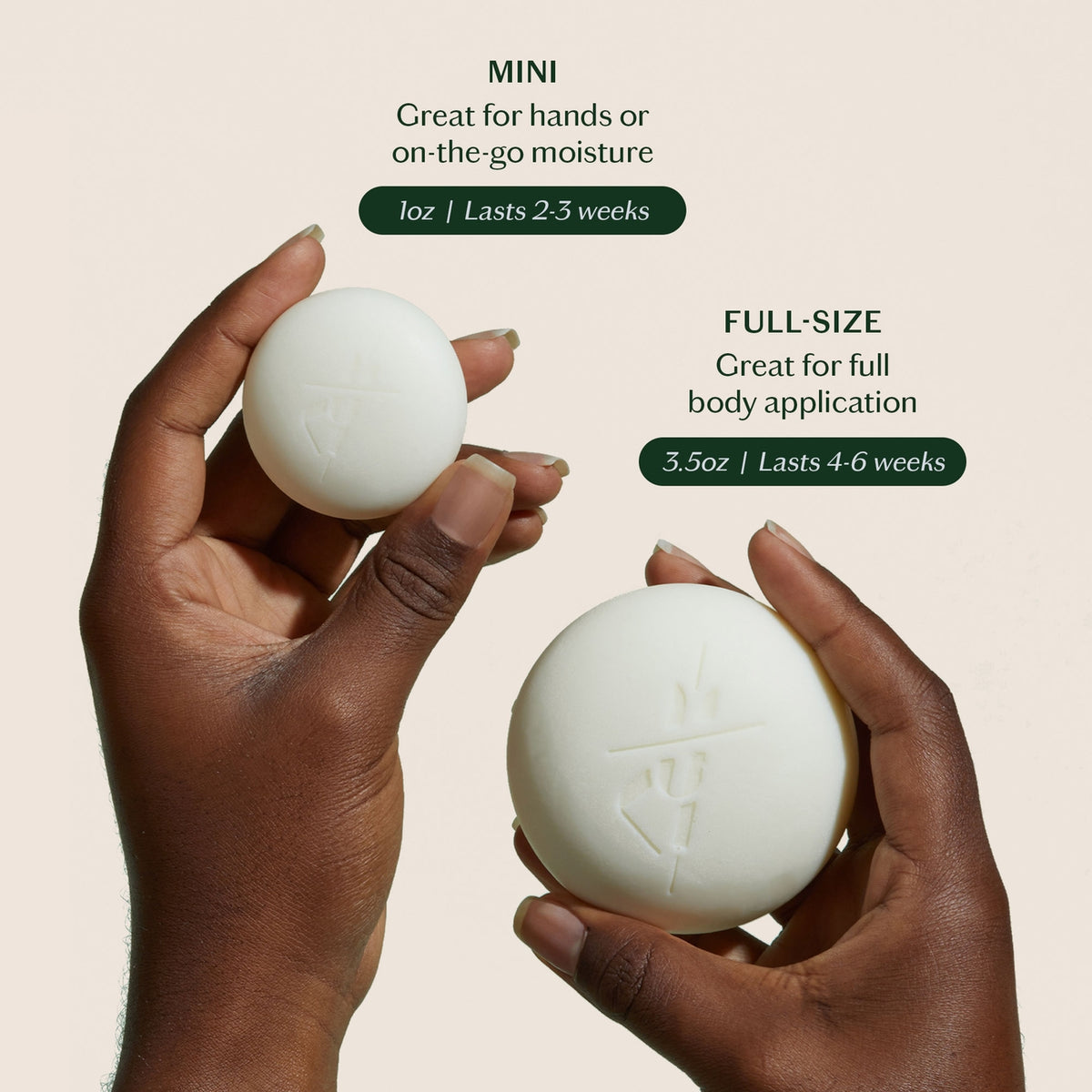 Two hands holding a mini and full-size soap bar with product details on a beige background.