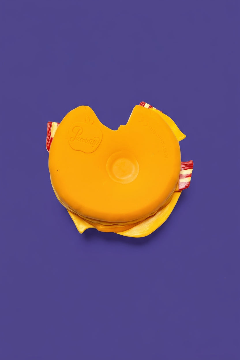 Yellow toy with red accents on a purple background