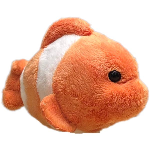 Plush toy fish with orange and white stripes on a white background