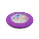 Purple toy with colorful beads inside on a white background