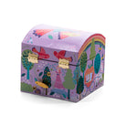 A closed Fairy Tale Small Dome Jewellery Box by Floss & Rock featuring an illustrated fairytale scene with a castle, a carriage, characters, and a rainbow arched over the purple dome roof.