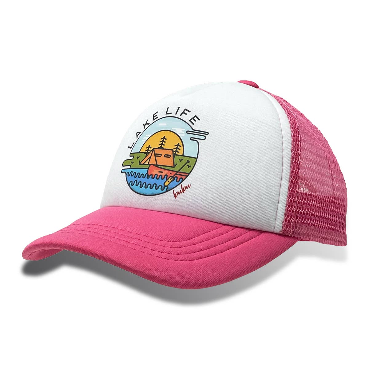 Pink and white cap with 'Lake Life' graphic on a white background