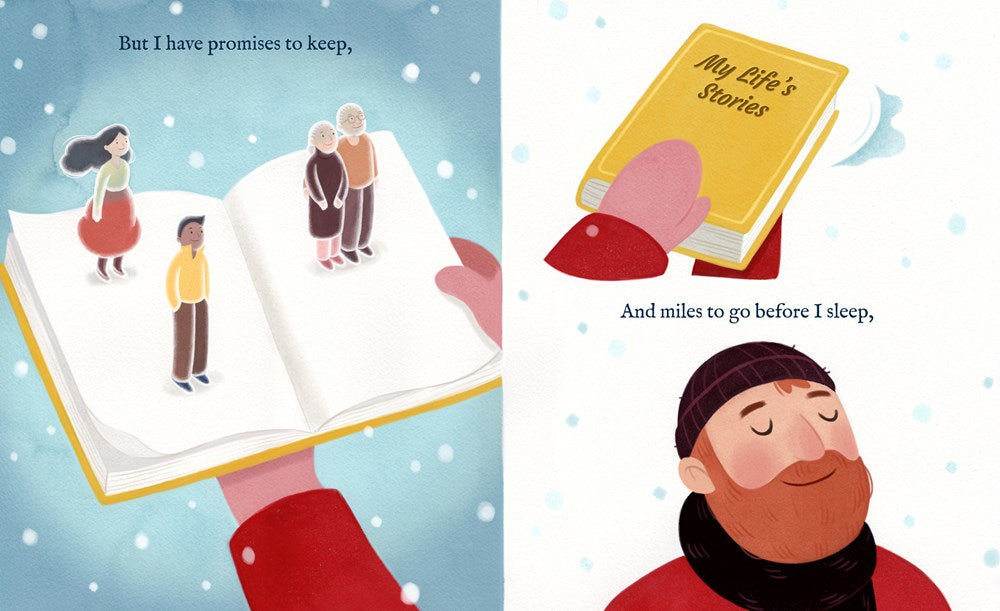 Illustrated book with characters and text on a snowy background