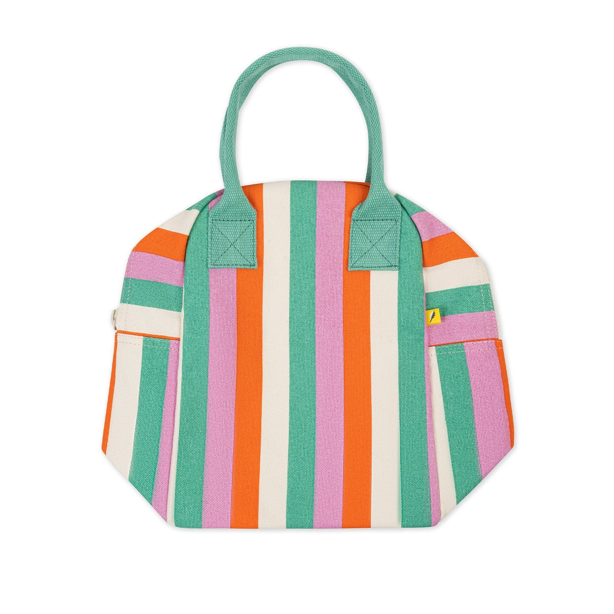 Colorful striped bag with a green handle on a white background