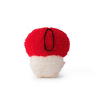Red and white mushroom plush toy on a white background