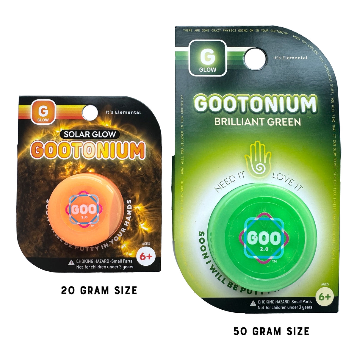 Two packages of Gootonium, one solar glow and one brilliant green, on a white background.