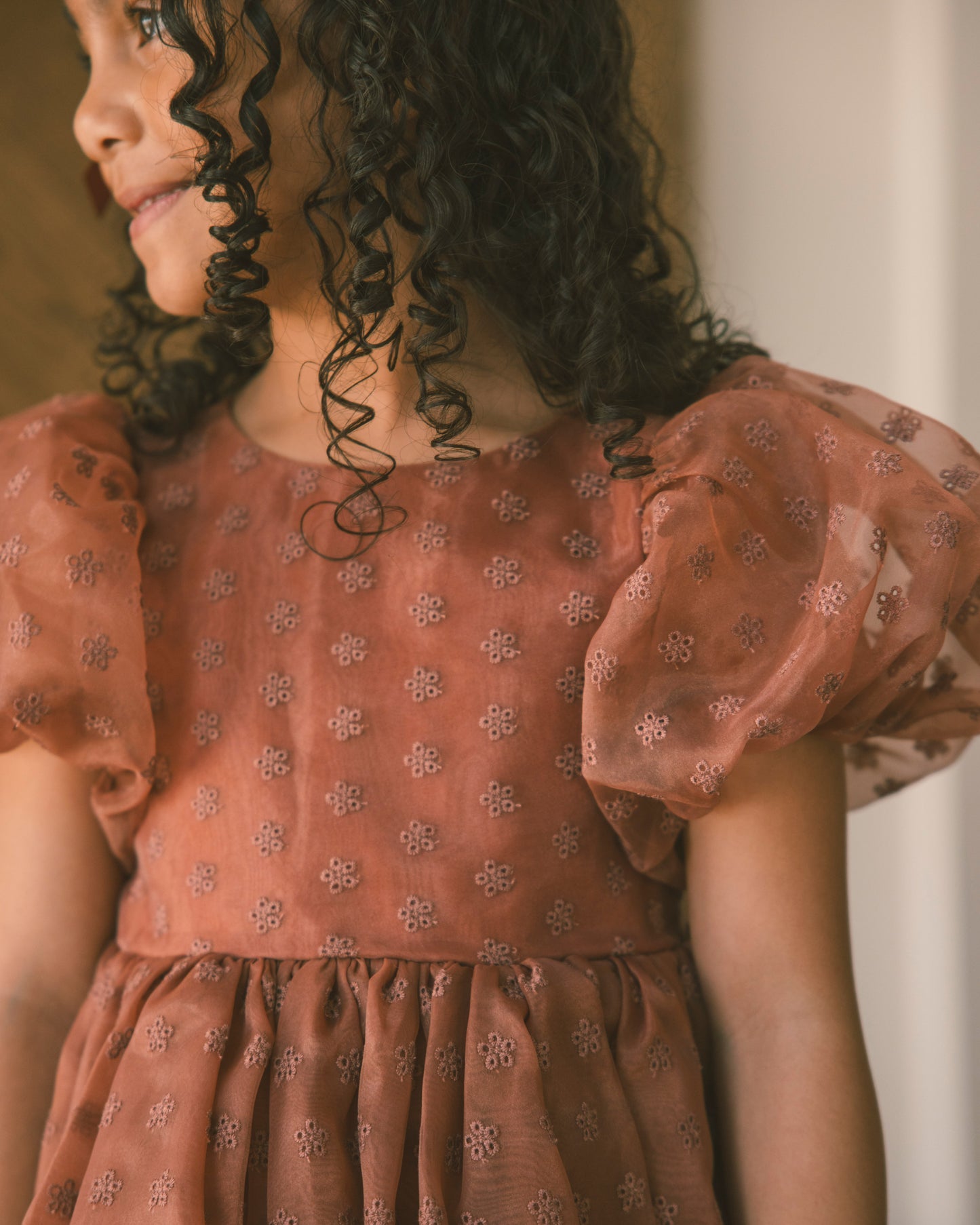 A close-up of a child wearing a dusty rose terracotta eyelet dress with puff sleeves and a gathered waist, featuring a small floral pattern.