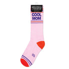 Pink sock with red toes and heels, featuring 'Cool Mom' text, on a white background.