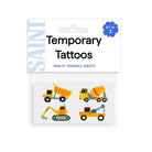 Pack of temporary tattoos with construction vehicle designs on a white background