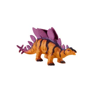 Toy dinosaur figure with purple spikes on a white background