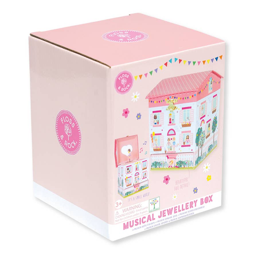 Box packaging of a musical jewelry box with a dollhouse design on a white background