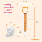 An orange and white baby feeding measuring cup with a bear-shaped loop handle, shown with dimension callouts (2.5 in, 5 in, 1.
