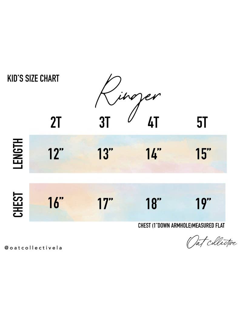 Size chart for 'Ringer' clothing with dimensions for length and chest circumference.