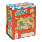 Shaped puzzle packaging with dinosaur illustrations on a white background
