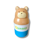 Bear-shaped container with a blue base and white label on a white background