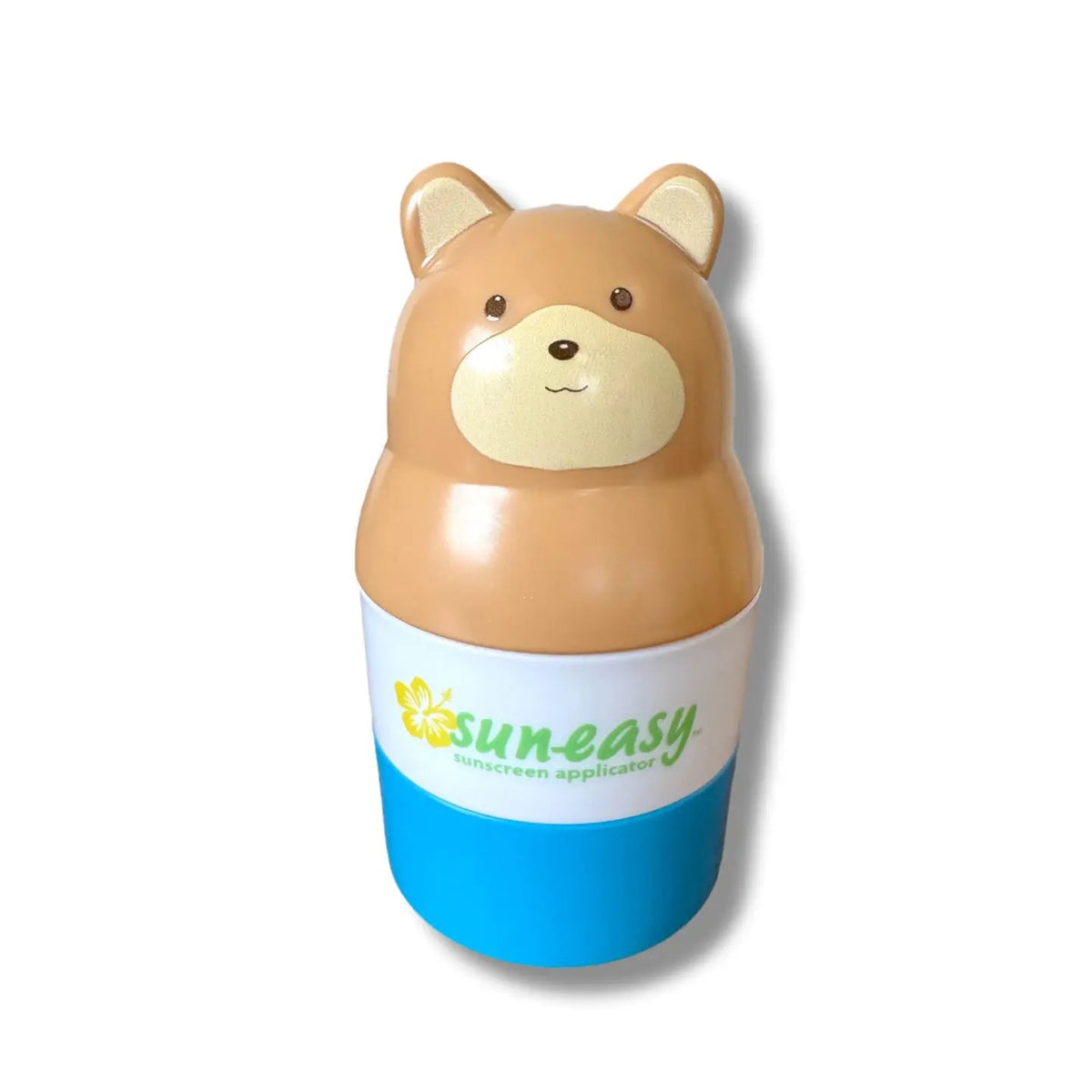 Bear-shaped container with a blue base and white label on a white background