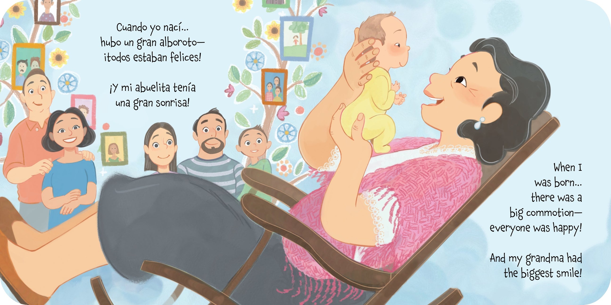 Illustration of a woman holding a baby with family in the background, featuring text in Spanish and English.
