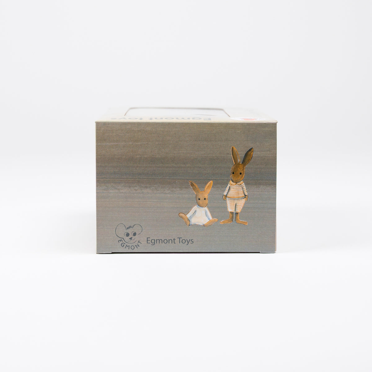 A square product box for Egmont Toys, featuring a textured gray and brown woodgrain-style background with illustrations of two rabbits on the front, set against a plain white background.