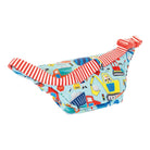 Colorful dog bandana with construction vehicle pattern on a white background