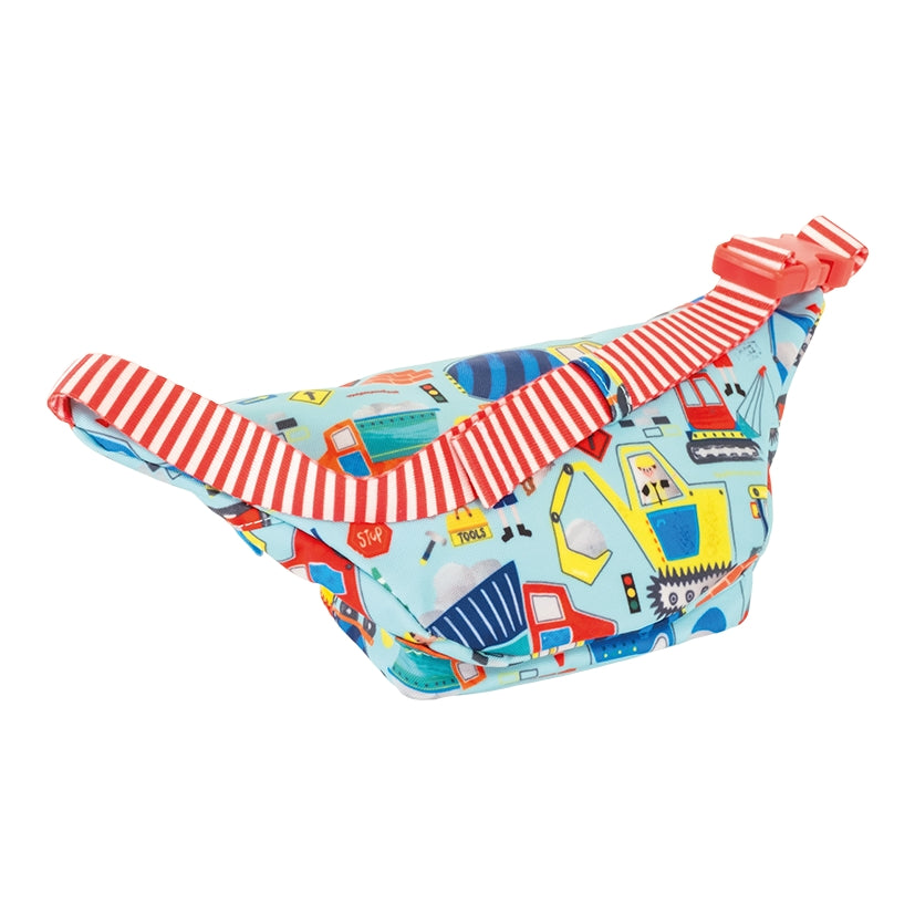 Colorful dog bandana with construction vehicle pattern on a white background