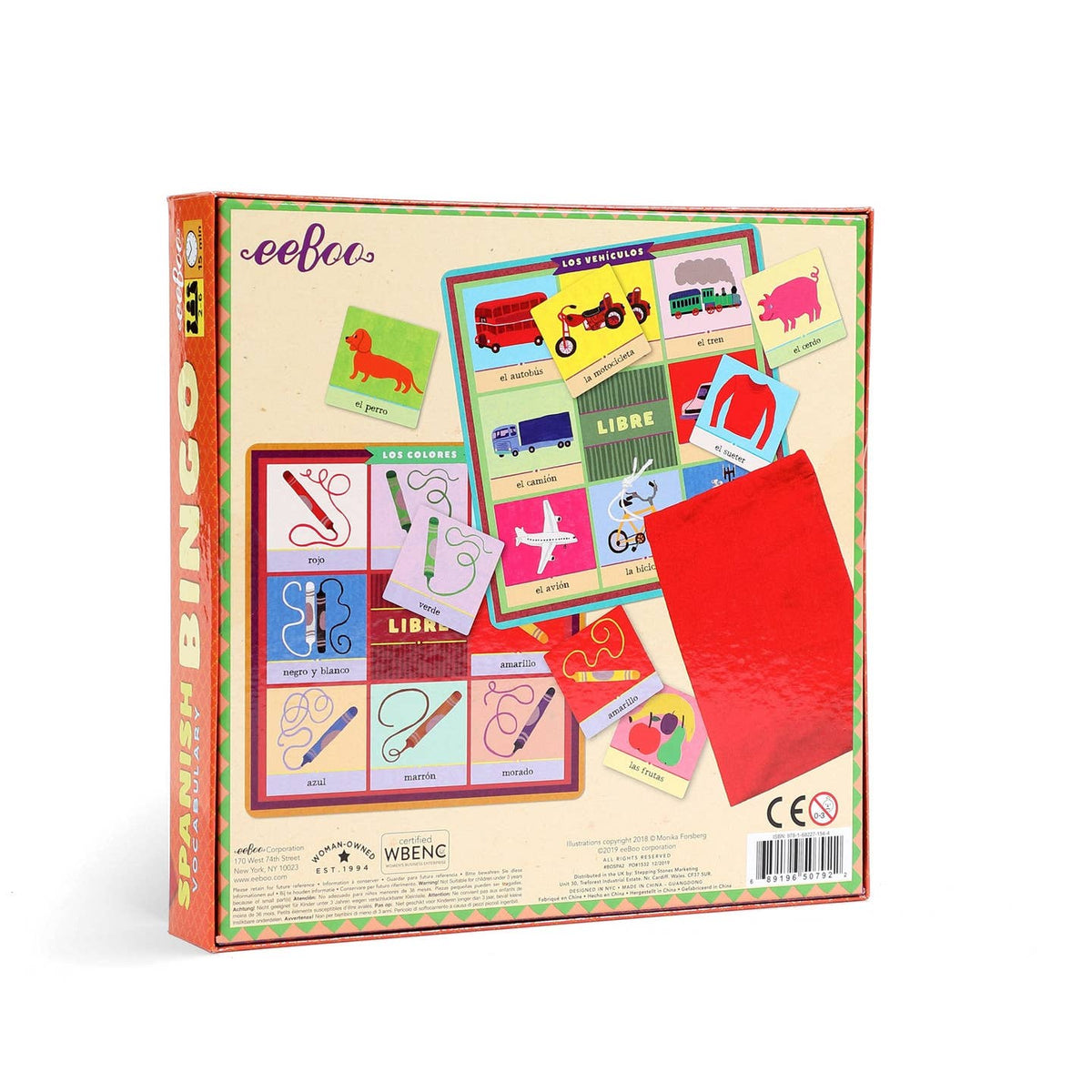 The back of a colorful children's card game box, showing illustrated cards, a red bingo card, and product details on a white background.