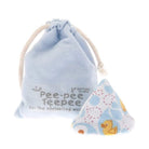 A light blue drawstring pouch with the brand name 'Pee-pee Teepee' printed on it, shown next to a triangular reusable cloth pad with a blue, white, and yellow duck pattern on a white background.