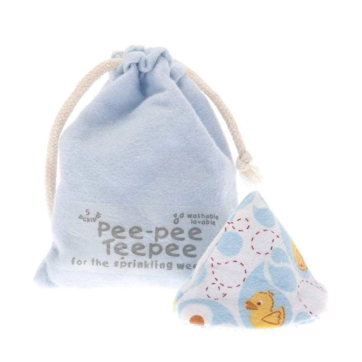 A light blue drawstring pouch with the brand name 'Pee-pee Teepee' printed on it, shown next to a triangular reusable cloth pad with a blue, white, and yellow duck pattern on a white background.