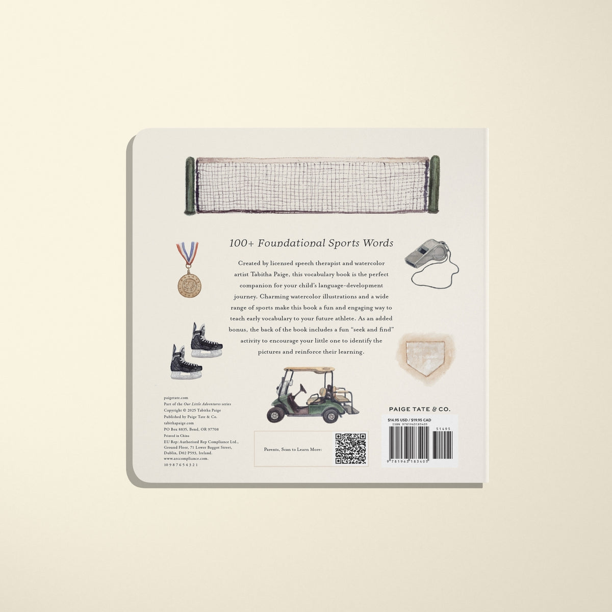 Back cover of a book with sports-themed illustrations and text on a beige background