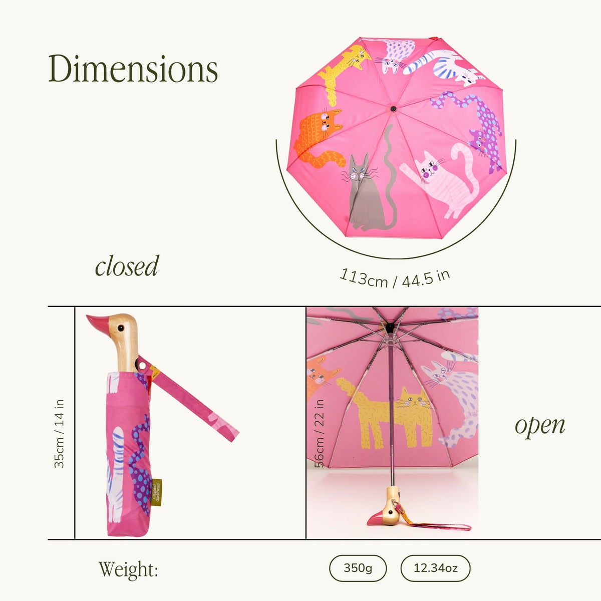 Pink umbrella with animal patterns, showing closed and open dimensions on a white background.