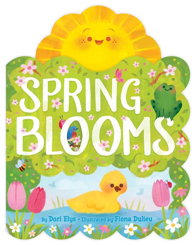 Book cover of 'Spring Blooms' with a sun, flowers, and animals on a green background