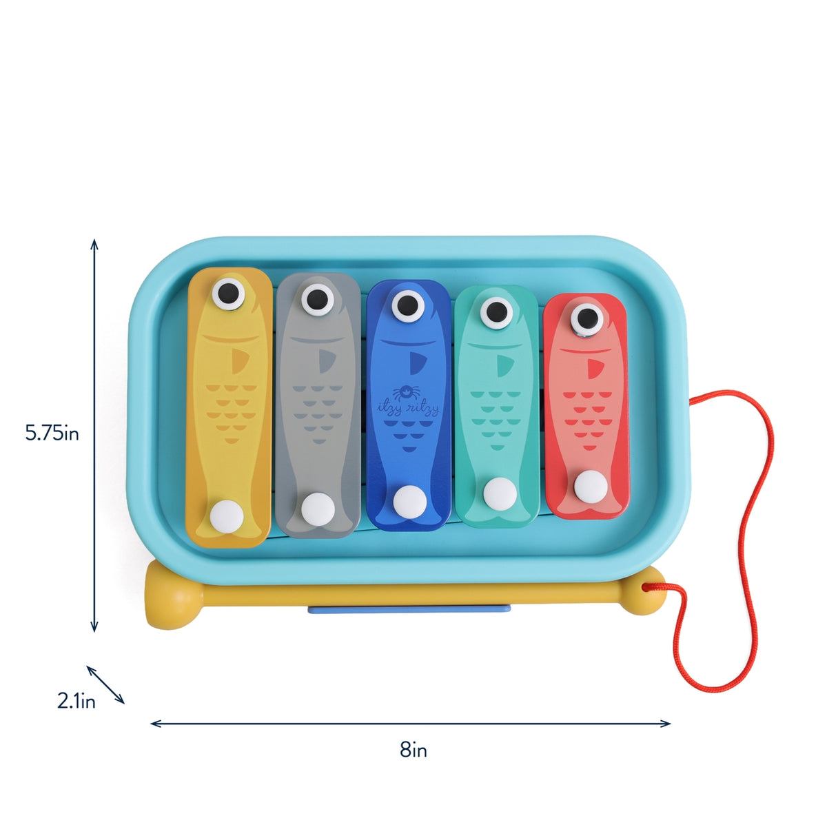 Colorful toy fish with a blue tray and measurements on a white background