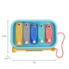 Colorful toy fish with a blue tray and measurements on a white background